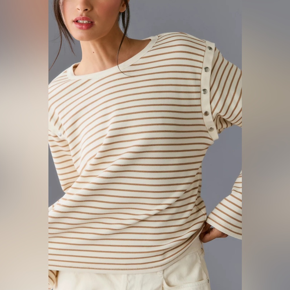 Maeve by Anthropologie Striped Long Sleeve Top with snap Button Detail